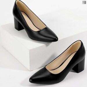 Women's Chunky Block Closed Toe Heels,Slip On  Work /Dress shoes (Black PU)